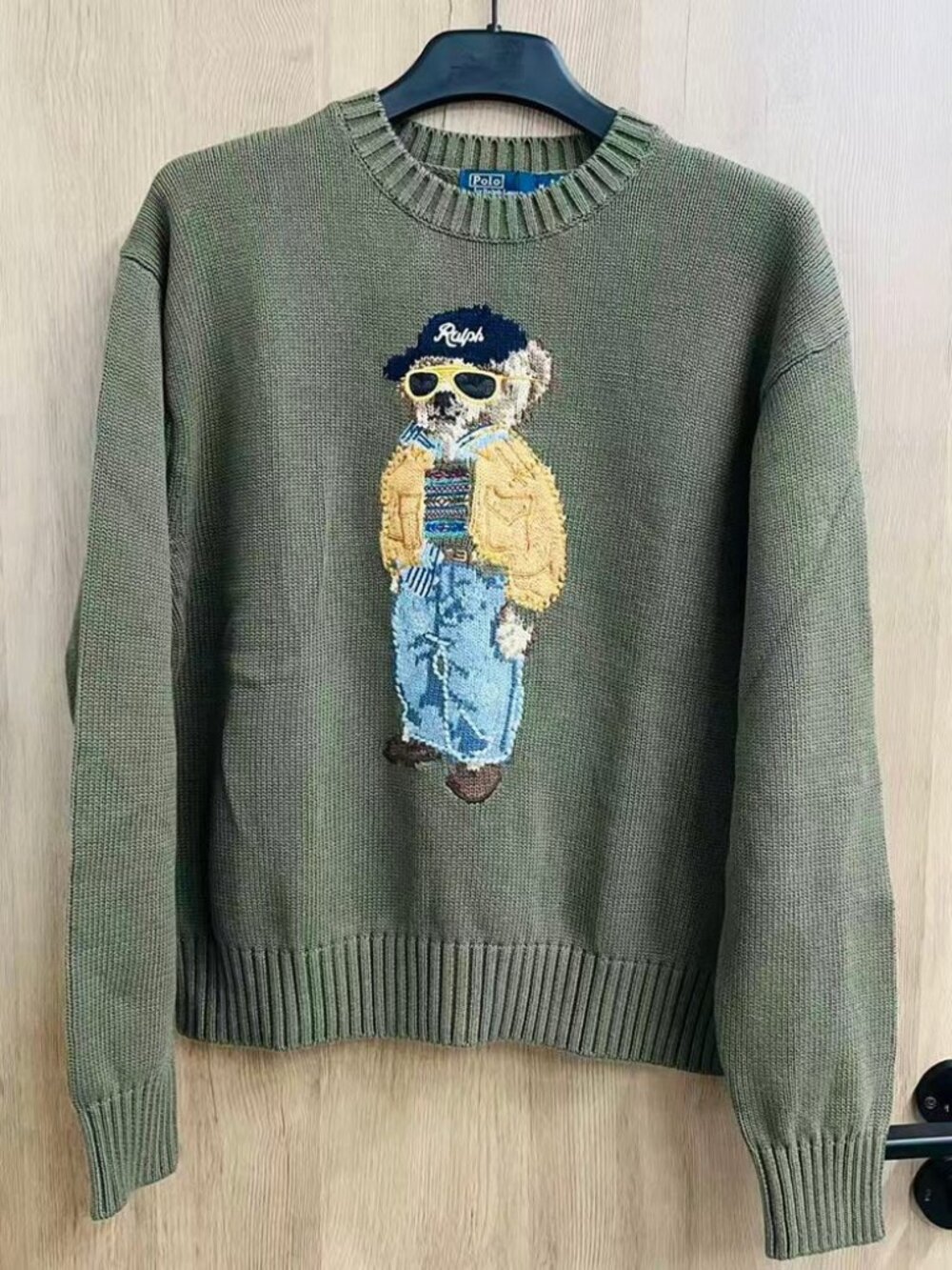Polo Ralph Lauren Olive Green Sunglasses Bear Crewneck Knit Sweater